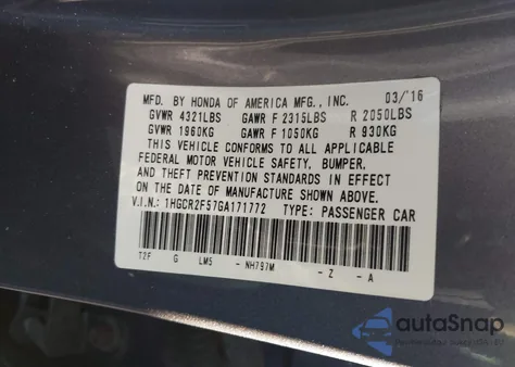 2016 Honda Accord Sport из США, поврежденный, VIN 1HGCR2F57GA171772